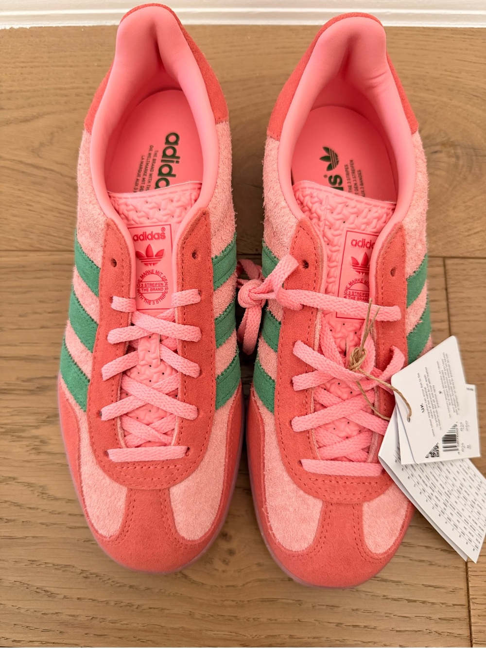 Adidas Coral Pink and Green Suede Low-Top Sneakers